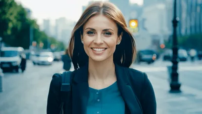 Professional Businesswoman Walking Confidently Through City Street