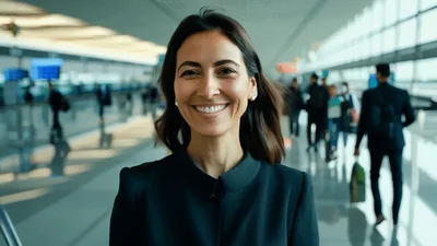 Professional Woman Smiling While Walking Through Busy Airport Terminal