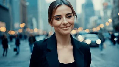Professional Woman Smiling On Busy City Street