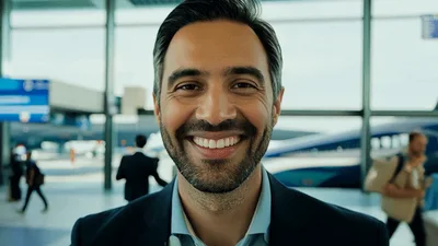 Smiling Businessman Standing In A Busy Airport Terminal
