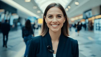 Professional Woman Smiling At Camera In Busy Shopping Mall
