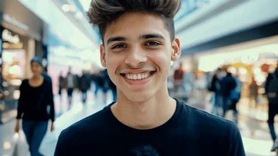 Young Man Smiling At Camera In Busy Shopping Mall