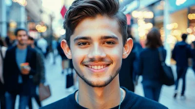 Young Man Smiling At Camera In Busy City Street