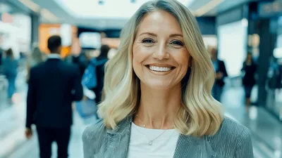 Smiling Businesswoman Walking Through A Busy Modern Airport Terminal