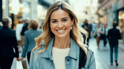 Smiling Blonde Woman Walking Through Busy City Street