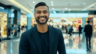 Smiling Young Man Walking Through A Busy Shopping Mall