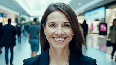 Professional Woman Smiling In A Busy Shopping Mall