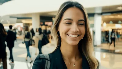 Young Woman Smiling At Camera In Busy Shopping Mall
