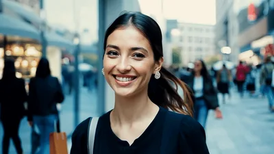 Young Woman Walking And Smiling On A Busy Street