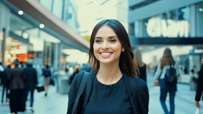 Young Woman Walking Through A Busy Modern Shopping Mall