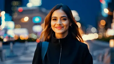 Young Woman Smiling While Walking Through City Street