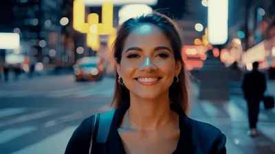 Young Woman Walking Through Busy City Street At Night