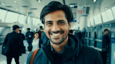 Smiling Young Man Standing In A Busy Airport Terminal