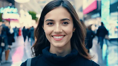 Young Woman Smiling In A Busy City Street