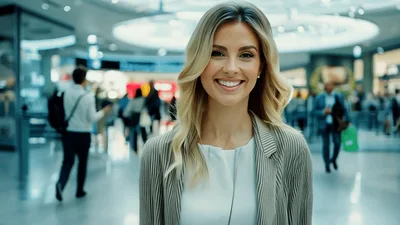 Smiling Blonde Woman Walking Through Busy Modern Airport Terminal