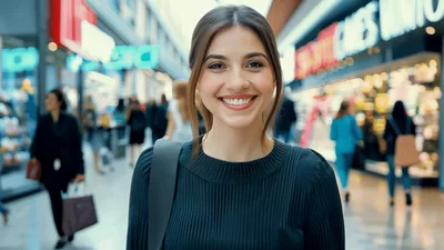 Smiling Young Woman Standing In A Busy Shopping Mall