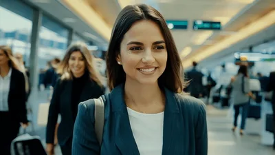 Smiling Businesswoman Walking Through Busy Airport Terminal