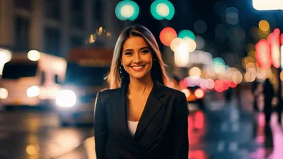 Smiling Businesswoman Walking Through A Vibrant City Street