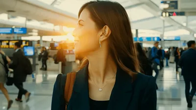 Smiling Businesswoman Standing In A Busy Airport Terminal