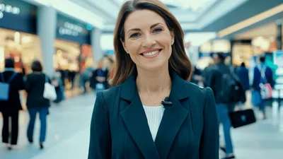 Professional Woman Smiling In A Busy Shopping Mall