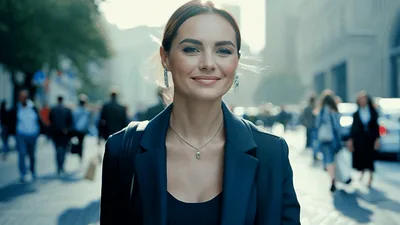 Professional Woman Walking Confidently Through Busy City Street