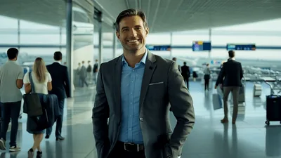 Confident Businessman Standing In A Busy Airport Terminal