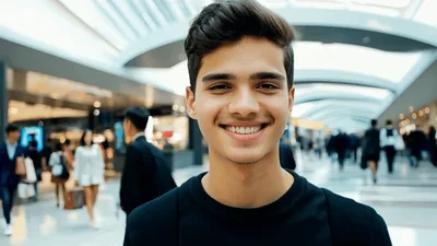 Young Man Smiling In A Busy Modern Shopping Mall