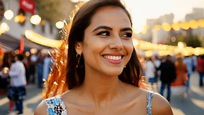 Beautiful Woman Smiling At A Vibrant Outdoor Street Festival