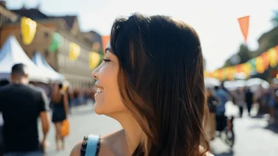 Smiling Woman Looking Around At A Sunny Outdoor Festival