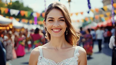 Smiling Woman Standing At A Vibrant Outdoor Street Festival