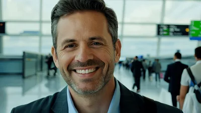 Smiling Businessman Standing In A Busy Airport Terminal