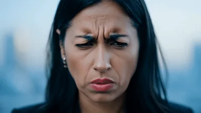 Stressed Businesswoman With Furrowed Brow Looking Down