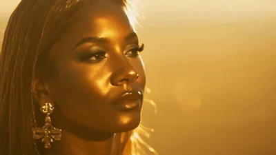 Beautiful Woman With Golden Skin Looking Away At Sunset