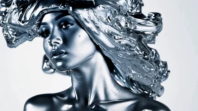 Liquid Silver Hair Flowing Over Metallic Woman Portrait