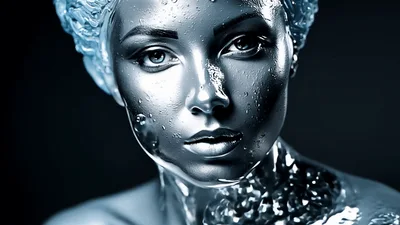 Silver Liquid Metal Woman Portrait With Flowing Texture