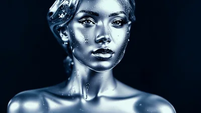 Silver Liquid Metal Woman Turning Her Head