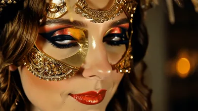 Woman Wearing Ornate Gold Mask And Elaborate Makeup