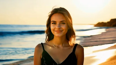 Young Woman Smiling On Beach At Sunset