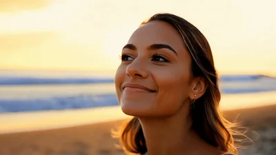 Young Woman Smiling At Sunset On The Beach