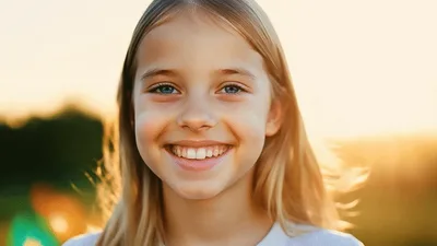 Happy Young Girl Smiling Outdoors at Sunset