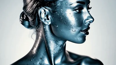 Metallic Woman With Water Droplets Turning Her Head