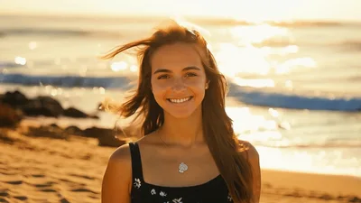 Young Woman Smiling On Beach At Sunset