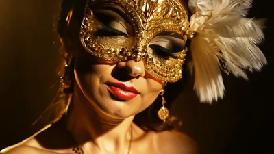 Woman Wearing Ornate Gold Venetian Masquerade Mask