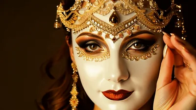 Woman Wearing Ornate Venetian Mask And Gold Jewelry