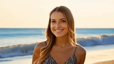 Smiling Woman Standing On Beach At Sunset