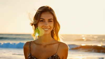 Beautiful Young Woman Smiling On Beach At Sunset