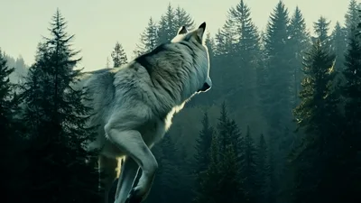 Majestic Wolf Standing And Walking In Misty Forest