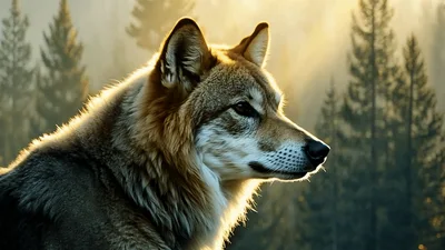 Majestic Gray Wolf Looking Around In A Misty Forest