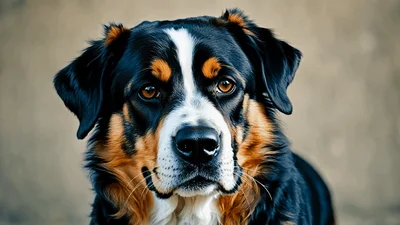 Close Up Portrait Of A Bernese Mountain Dog