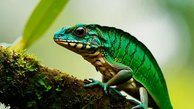 Green Lizard Perched on Mossy Branch in Rainforest